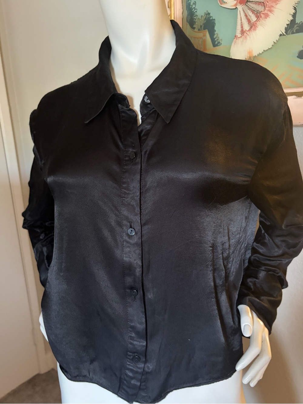 Zara Black Satin Button Front Blouse Shirt XL Cropped